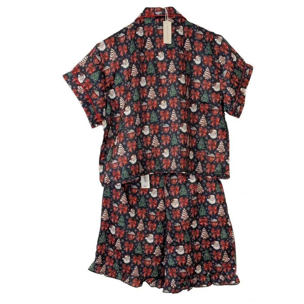 Simply Southern Christmas Pajama Set Santa Tree Ruffle Shorts Large NWT